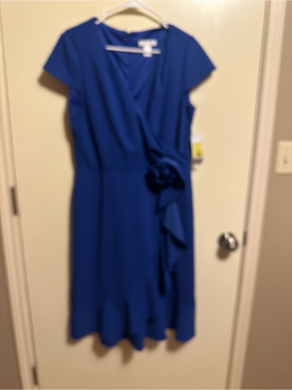 London Times Royal Blue Cap-Sleeve Faux-Wrap Midi Dress with Side Ruffle